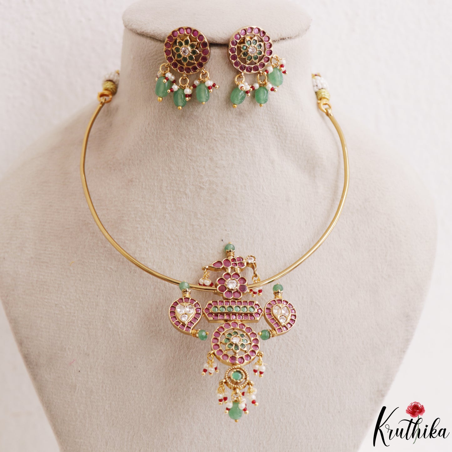 Elegant Floral Mango Motifs Kemp Hasli Choker With Pearl Bead Drops NC3259 (Available In 3 Colors)