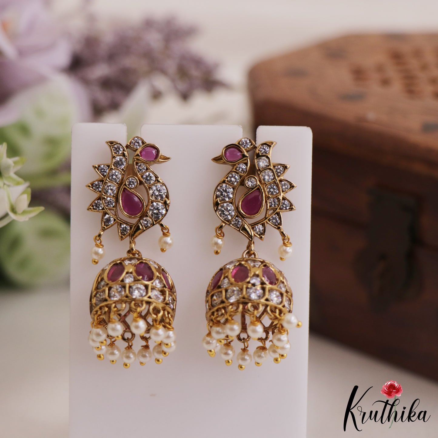 Elegant Peacock AD Jhumka Earrings With Pearl Drops E878 (Available In 3 Colors)