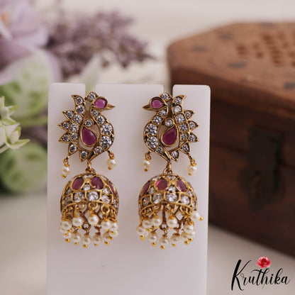 Elegant Peacock AD Jhumka Earrings With Pearl Drops E878 (Available In 3 Colors)