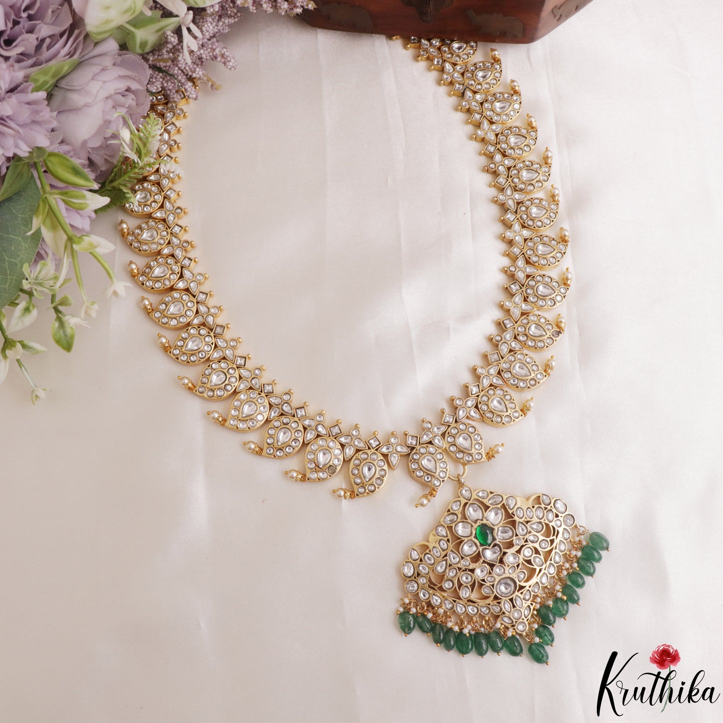 Traditional Two-In-One Reversible Mango Floral Motifs Jadau Haaram With Green Bead Drops LH2143