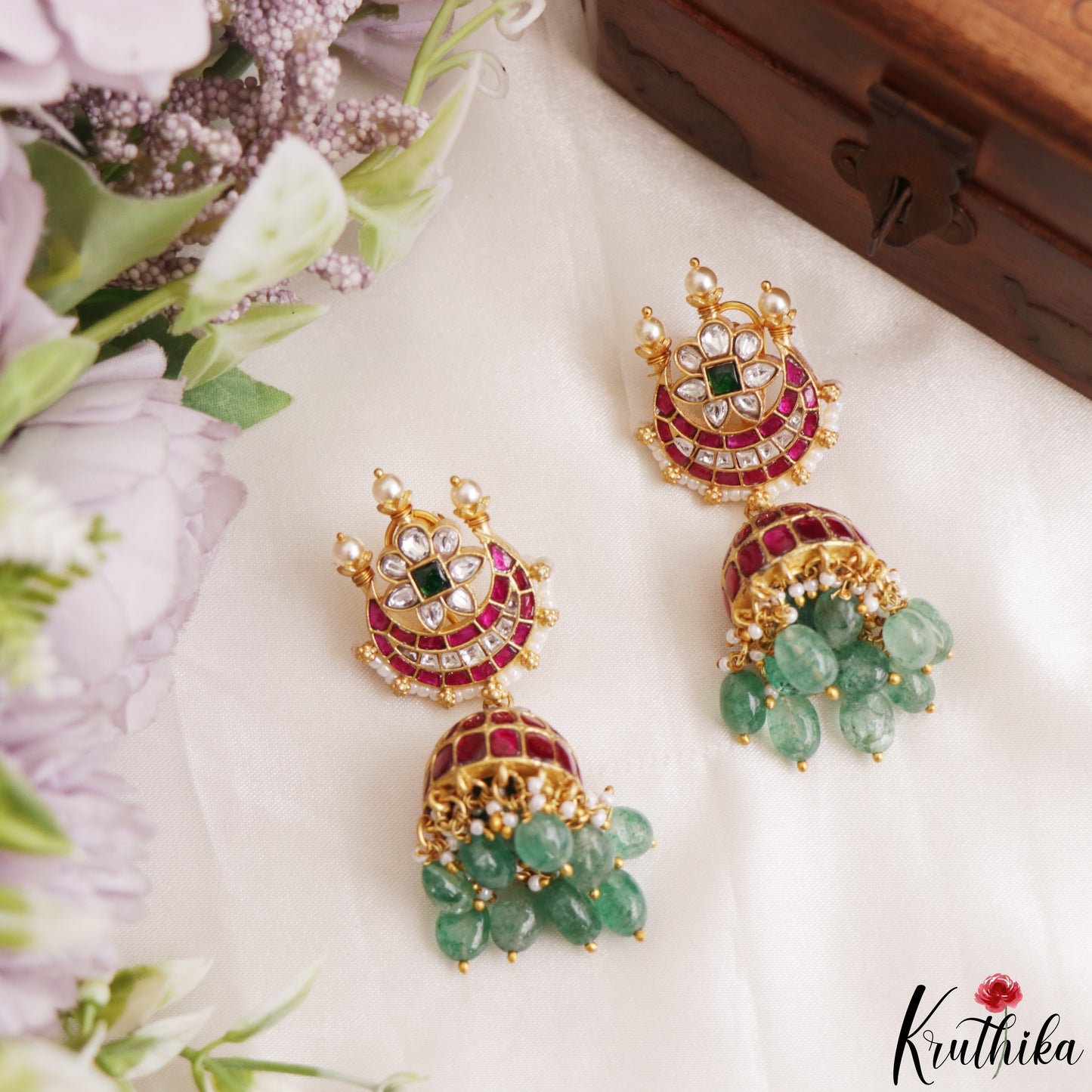 Gorgeous Floral Motifs Jadau Jhumkas With Green Bead Drops E1216