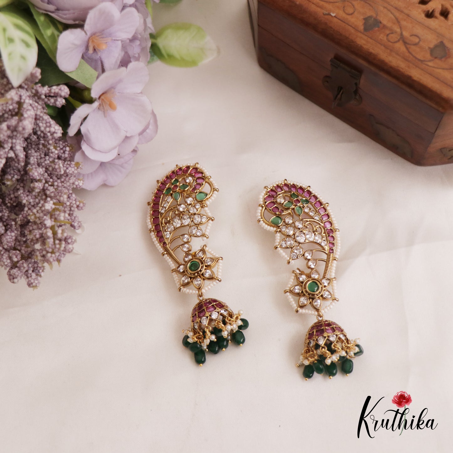 Sparkling Pearl Border Floral Motifs Kemp Jhumka Ear Cuff With Green Bead Drops E972 (Available in 2 Colors)