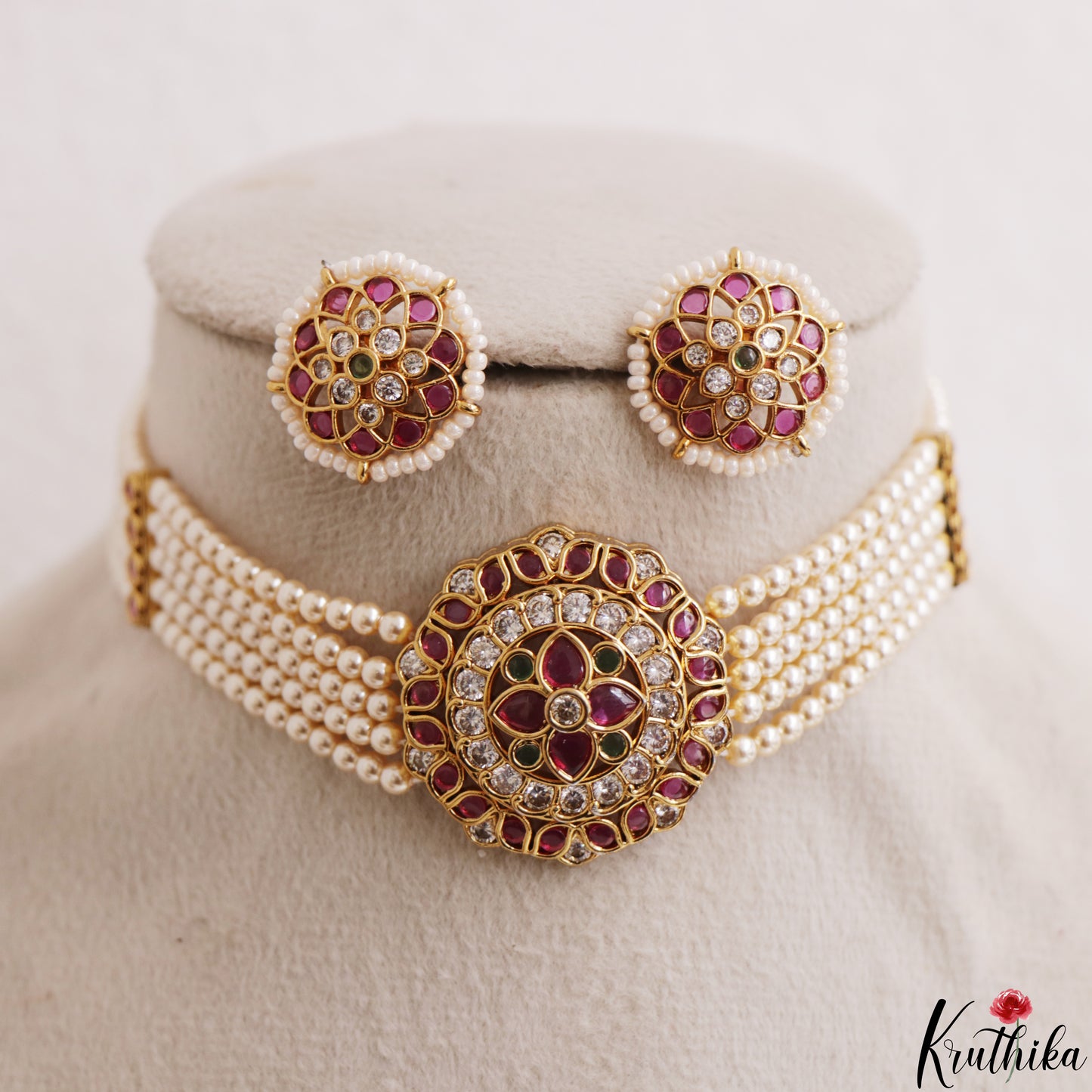 Beautiful Multi Pearl Strand Kemp Choker With Floral Pendant NC3179