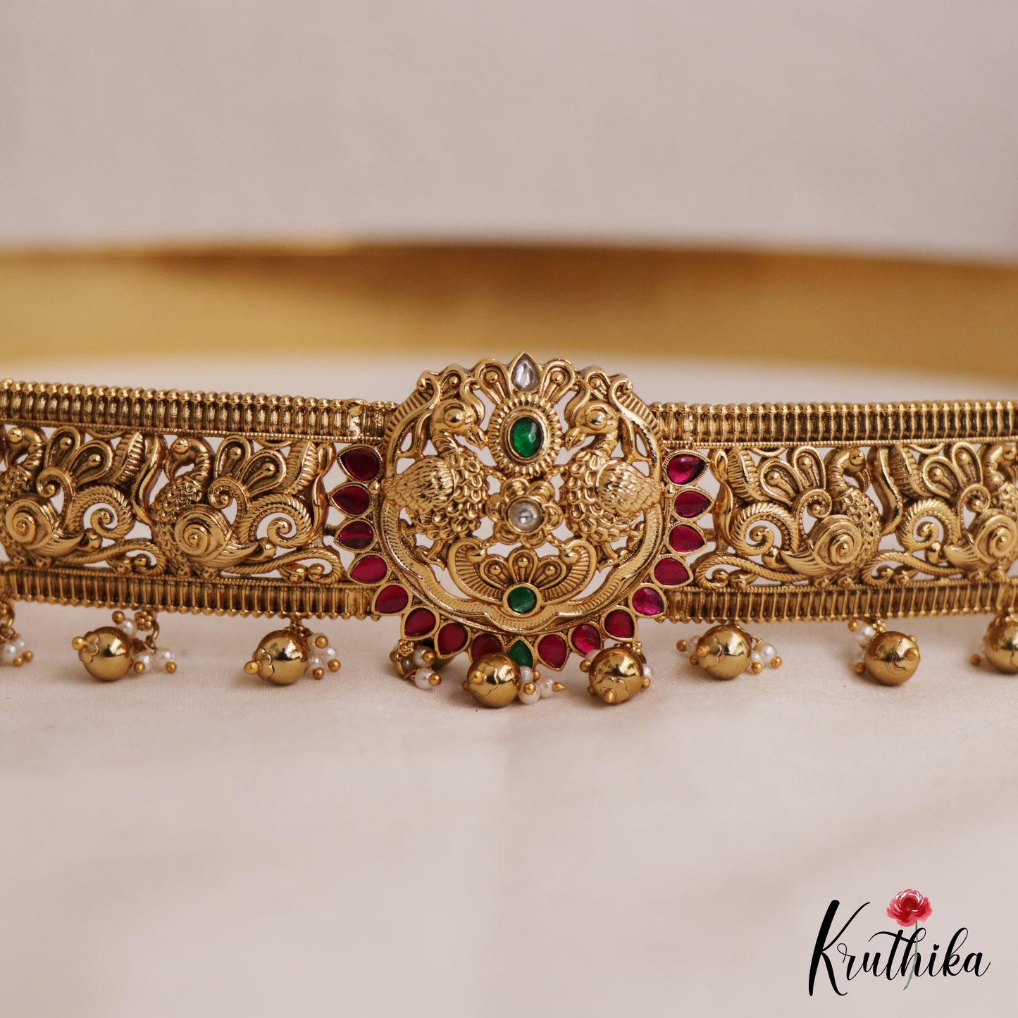 Premium Antique Peacock Motifs Kemp Hip Belt With Bead Drops V354 (Available In 4 Colors)
