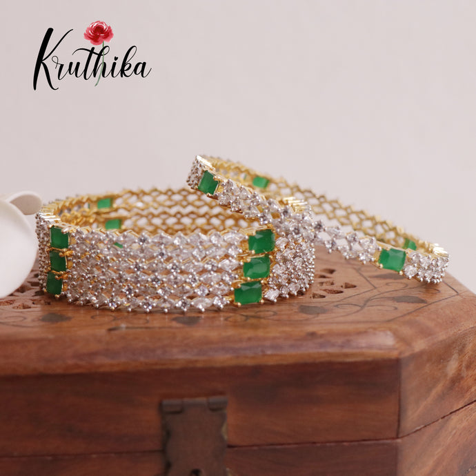 Sparkling CZ Gold Finish Green Bangles (set of four) B183