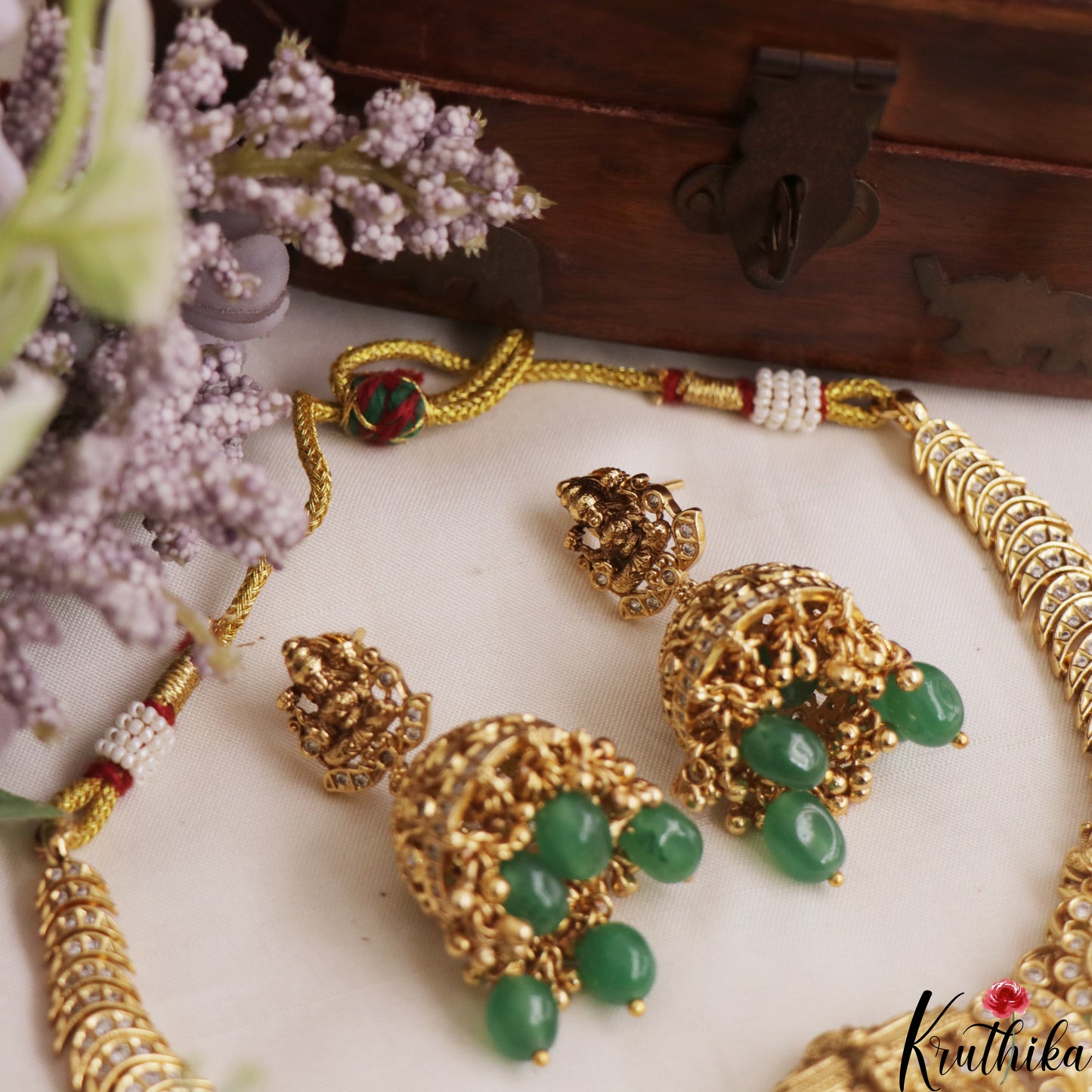 Stunning Antique Lakshmi Floral Motifs Necklace With Bead Drops NC2940 (Available In 2 Colors)