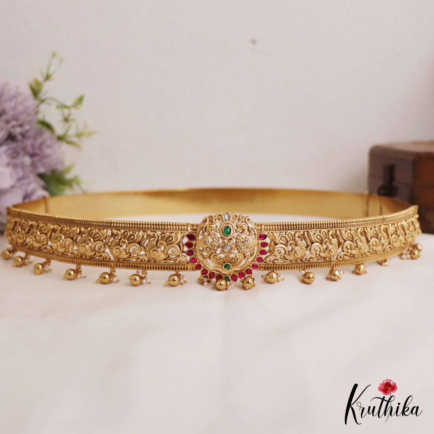 Premium Antique Peacock Motifs Kemp Hip Belt With Bead Drops V354 (Available In 4 Colors)