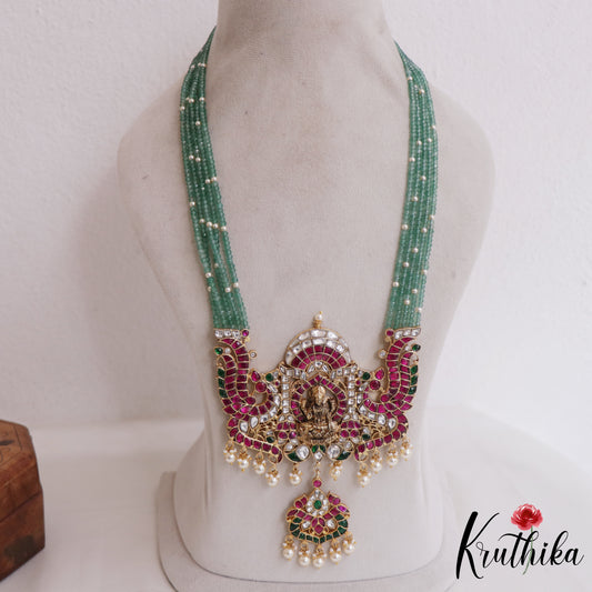Premium Lakshmi Peacock Motifs Multi Strands Green Beaded Jadau Haaram LH2050