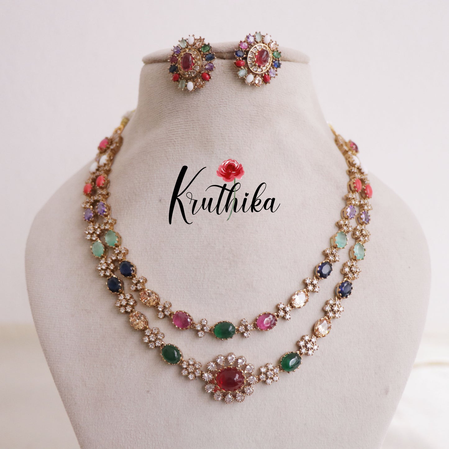 Elegant AD/CZ two-layer Navaratna necklace NC1949