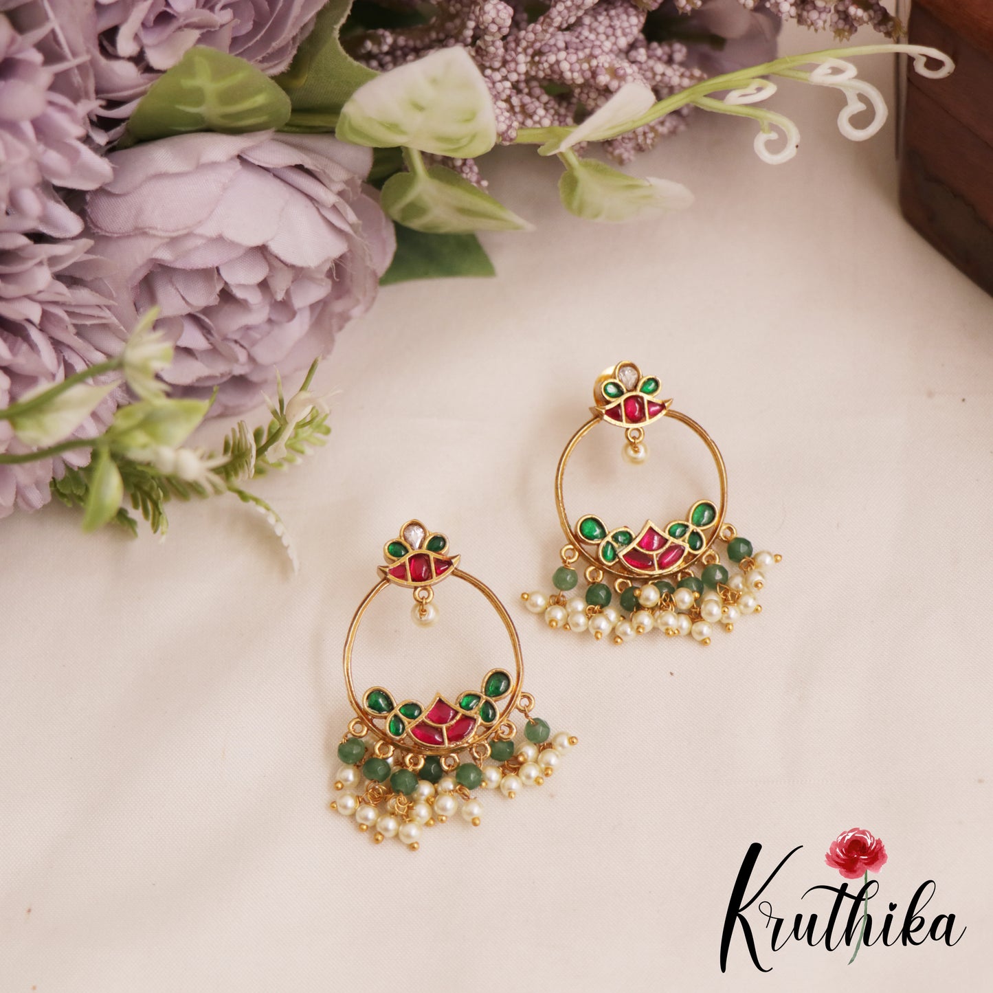 Beautiful Teardrop Chandbali Earrings With Pearl And Bead Drops E1050