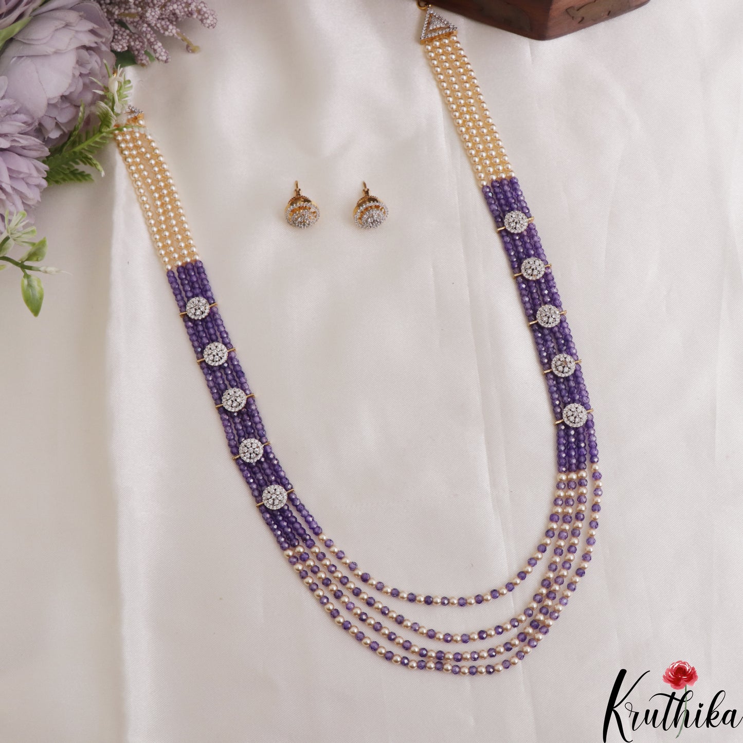 Sparkling Multi Layered Crystal & Pearl Haaram With Floral Accents LH2127
