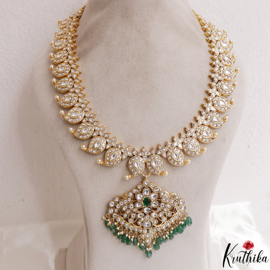 Traditional Mango Floral Motifs Jadau Haaram With Green Bead Drops LH2143 (Available In 2 Colors)