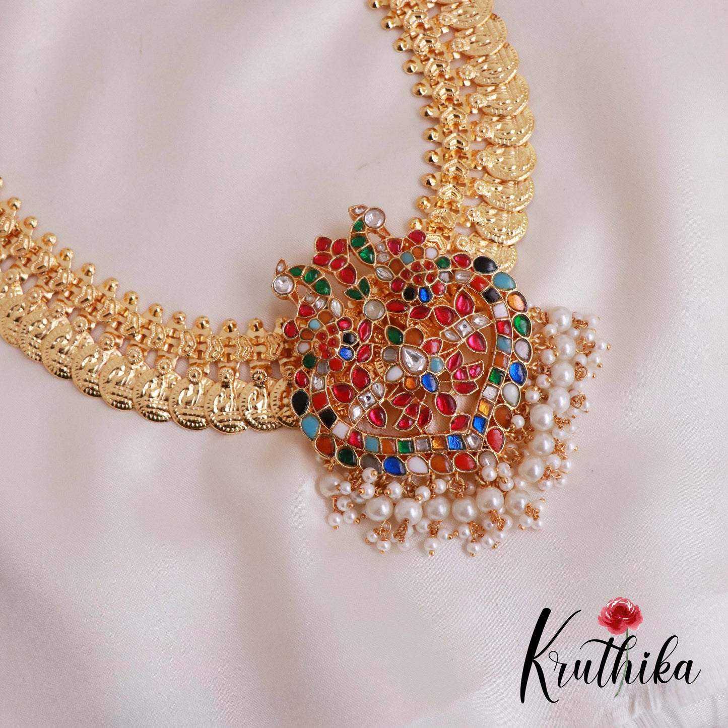 Premium Gold Finish Laxmi Coin Necklace With Jadau Pendant Multi Colour LH1782