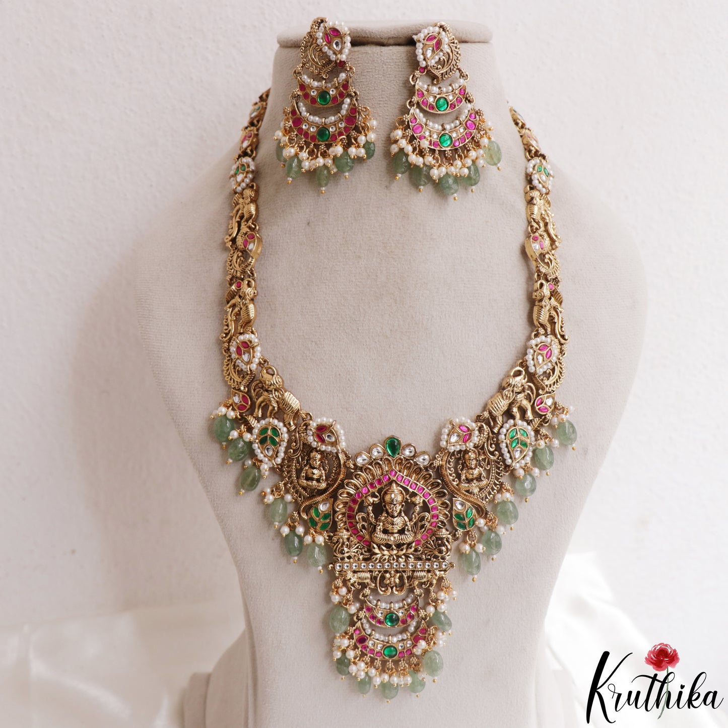 Premium Antique Nagas Lakshmi Elephant Motifs Jadau Haaram With Green Bead Drops LH2163