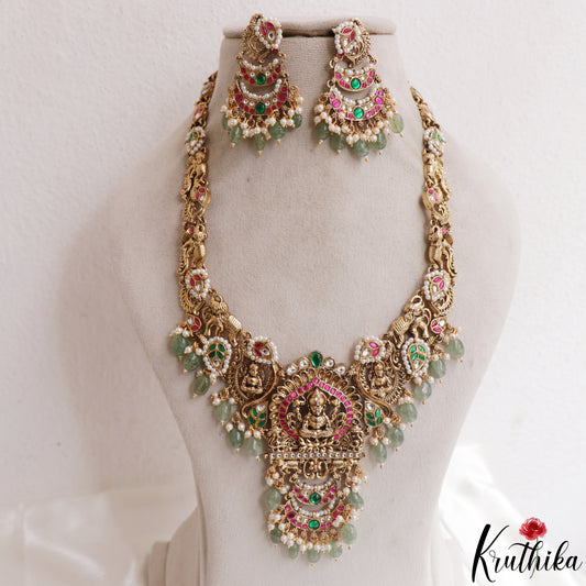 Premium Antique Nagas Lakshmi Elephant Motifs Jadau Haaram With Green Bead Drops LH2163