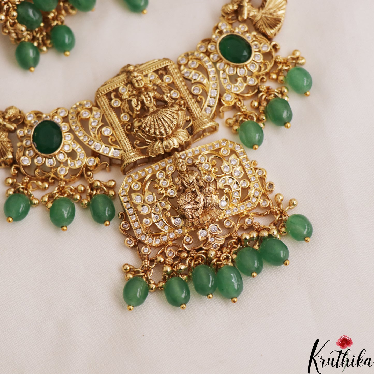 Stunning Antique Lakshmi Floral Motifs Necklace With Bead Drops NC2940 (Available In 2 Colors)