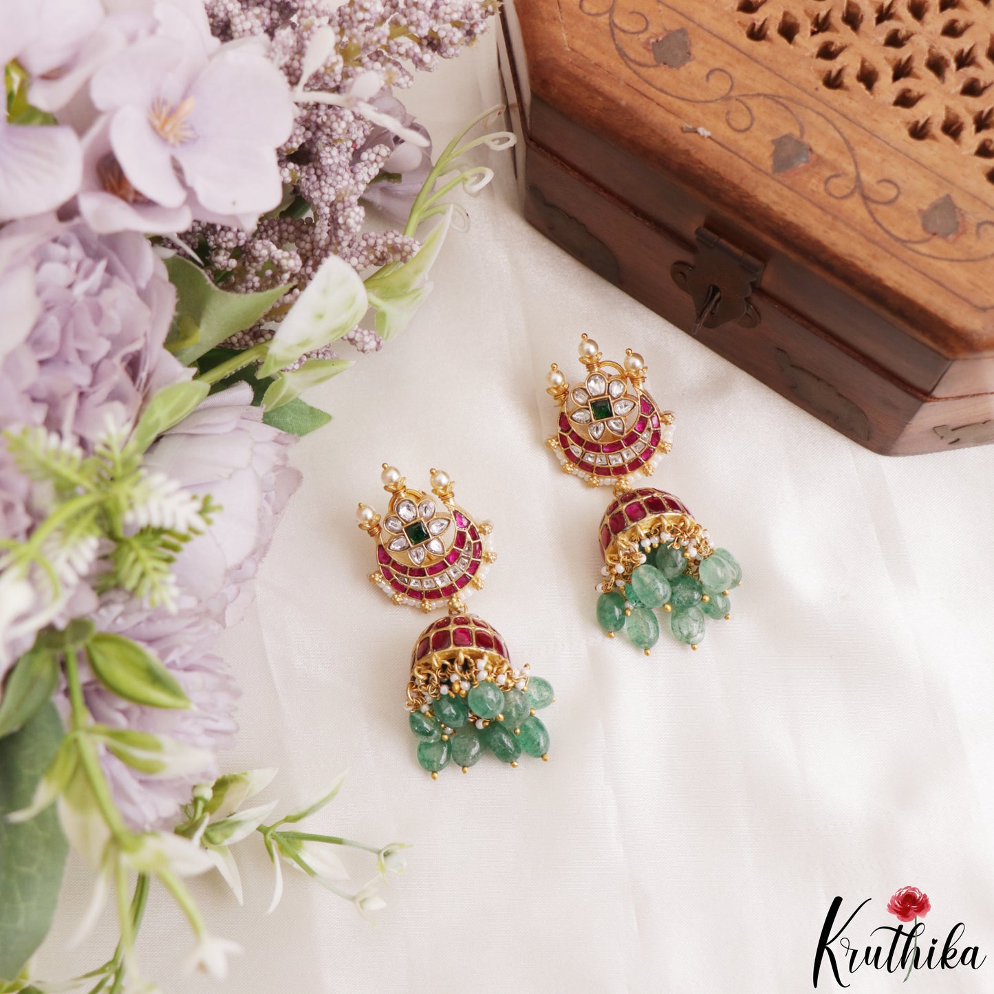 Gorgeous Floral Motifs Jadau Jhumkas With Green Bead Drops E1216