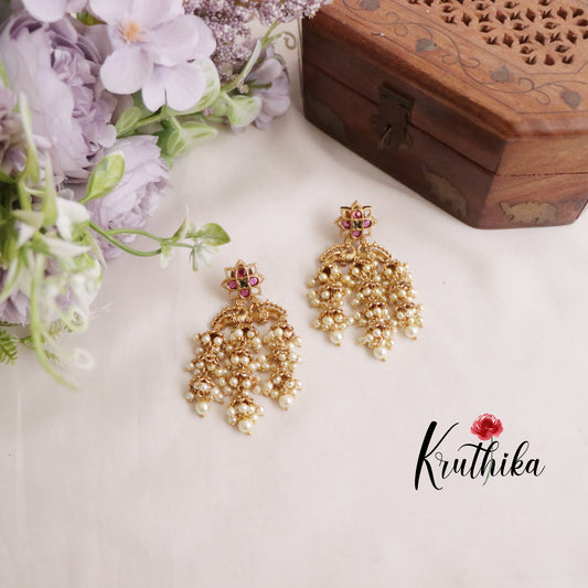 Beautiful Kemp Peacock Triple Jhumkas with Pearl Drops E616