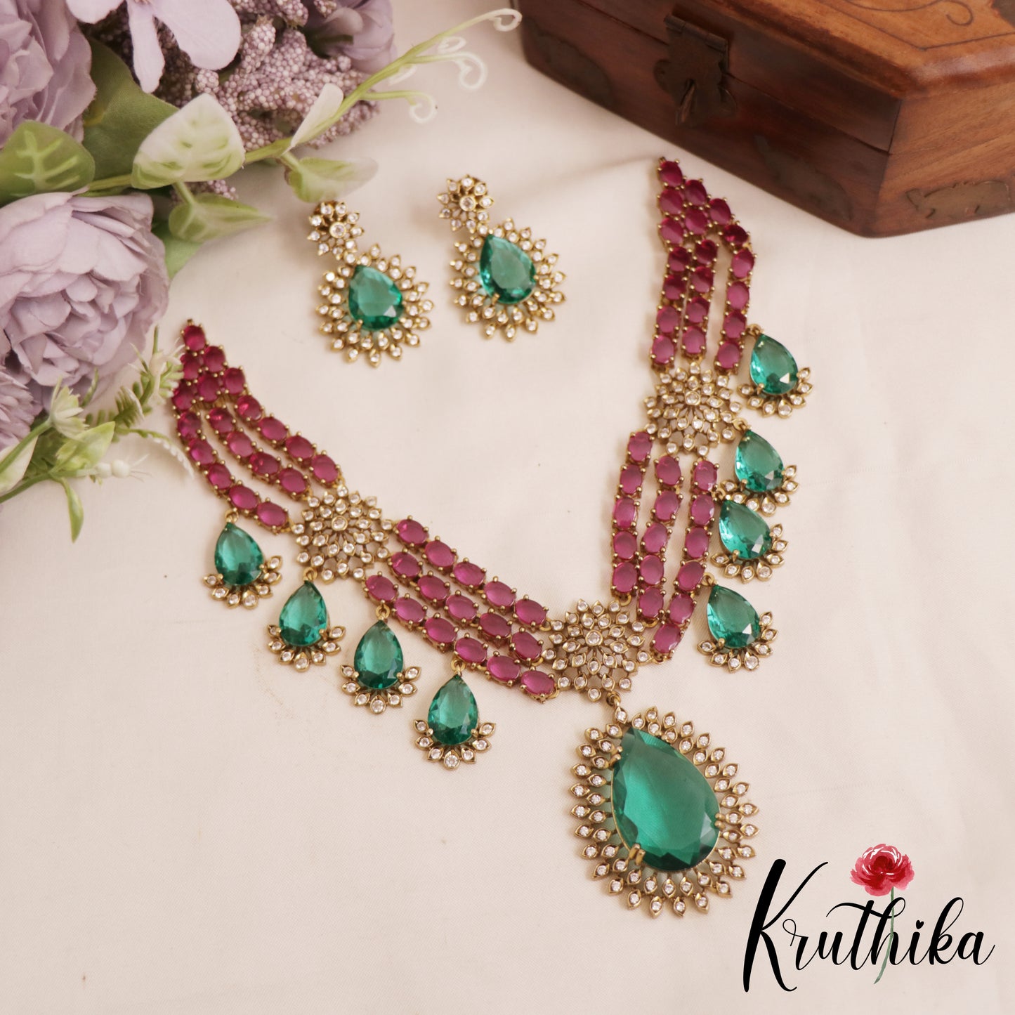 Stunning Floral Teardrop Motifs Multi Layered AD Victorian Necklace NC2894