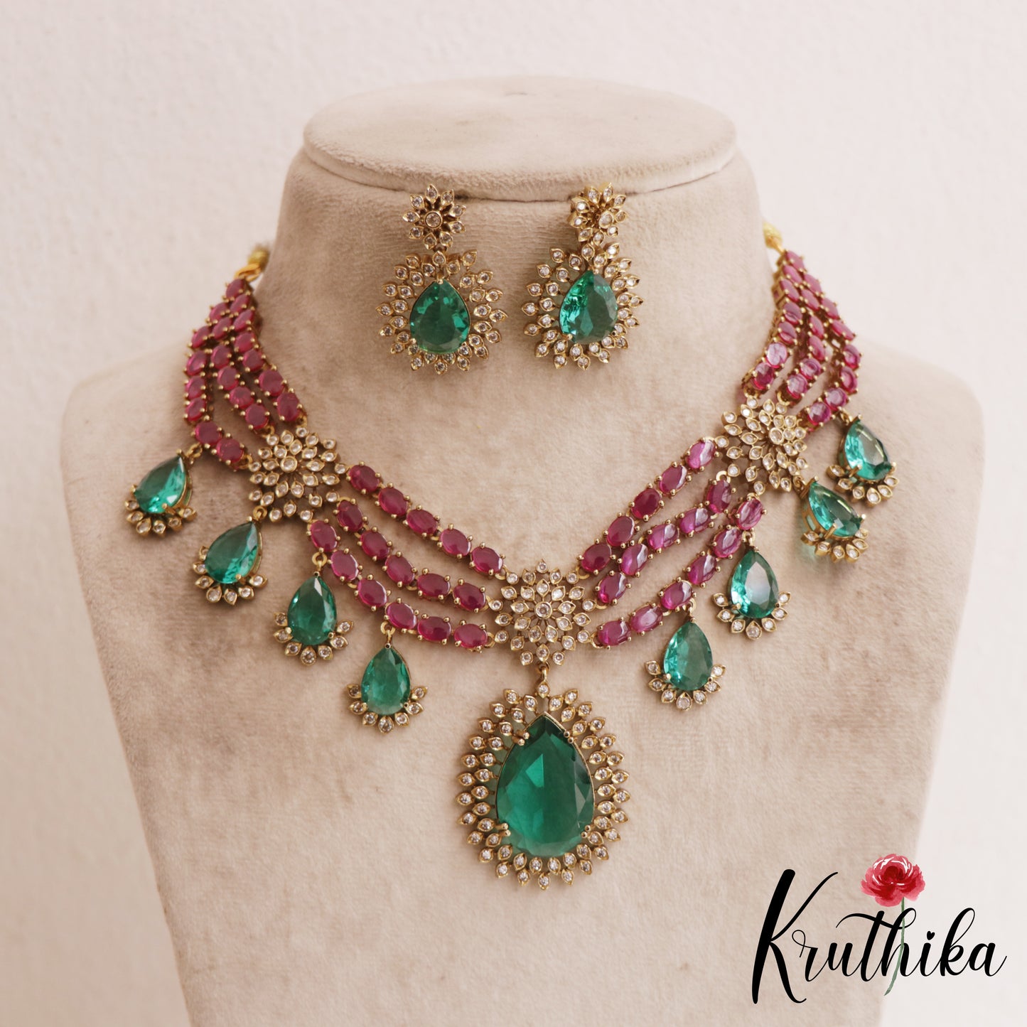Stunning Floral Teardrop Motifs Multi Layered AD Victorian Necklace NC2894
