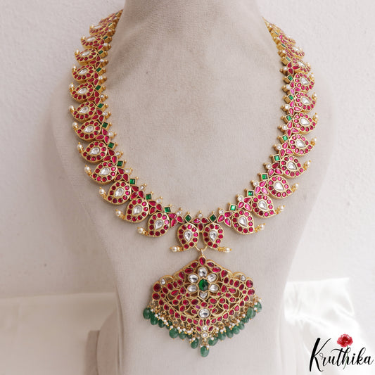 Traditional Mango Floral Motifs Jadau Haaram With Green Bead Drops LH2143 (Available In 2 Colors)