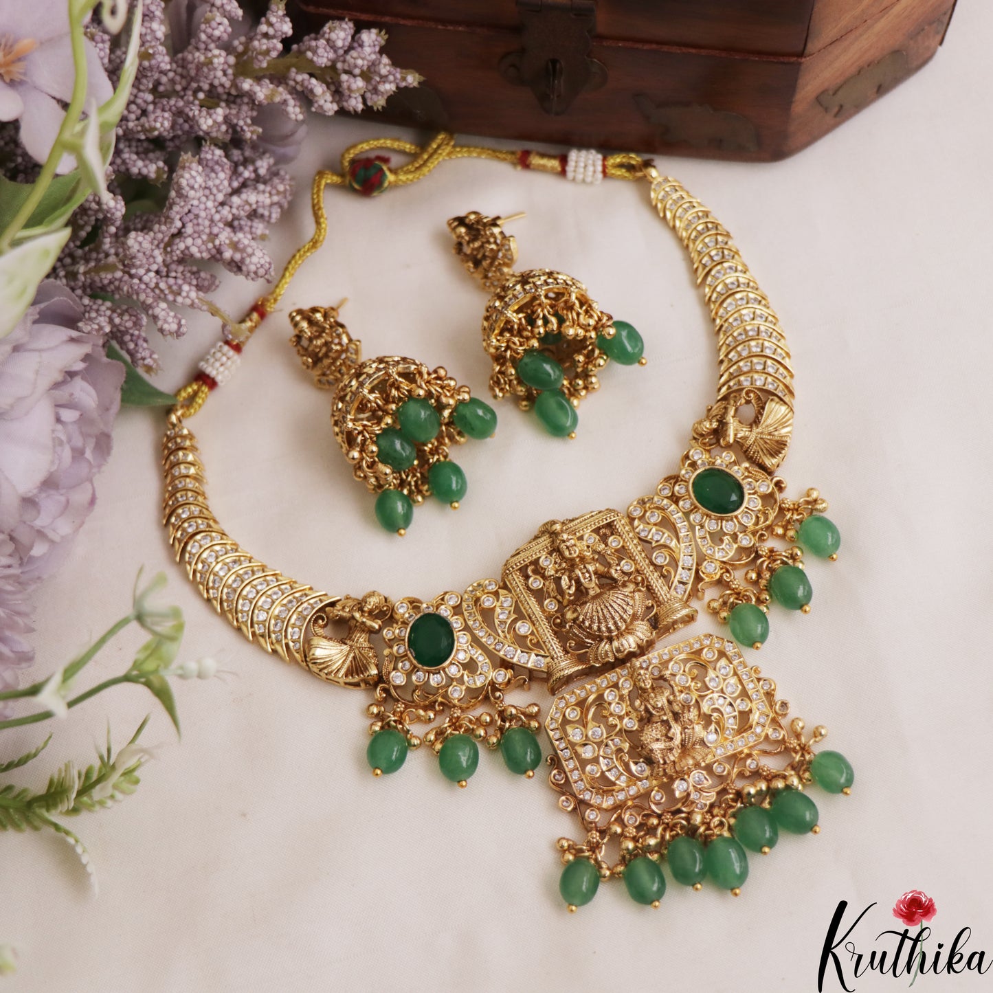 Stunning Antique Lakshmi Floral Motifs Necklace With Bead Drops NC2940 (Available In 2 Colors)