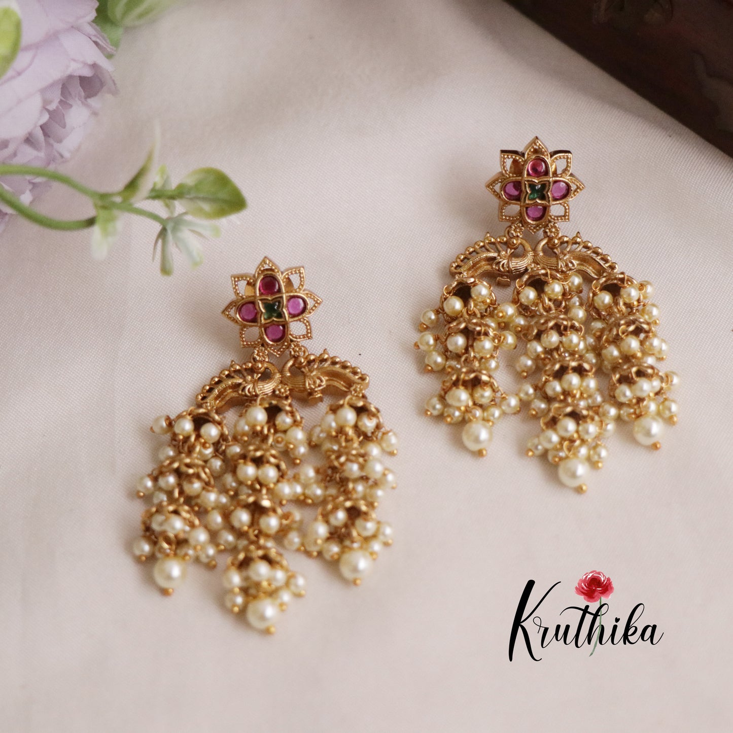 Beautiful Kemp Peacock Triple Jhumkas with Pearl Drops E616