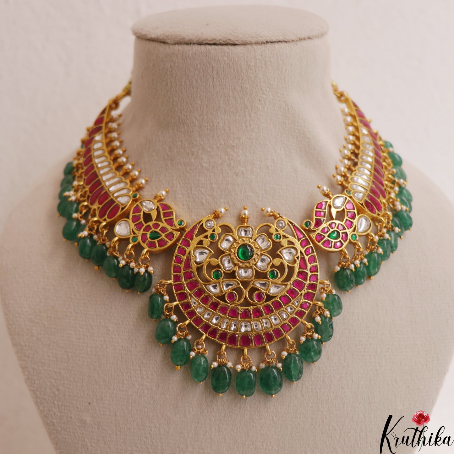 Premium Floral Peacock Motifs Jadau Choker With Green Bead Drops NC2998