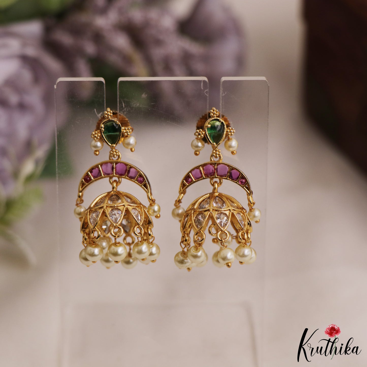 Elegant Teardrop Motifs Jhumkas With Pearl Drops E1077