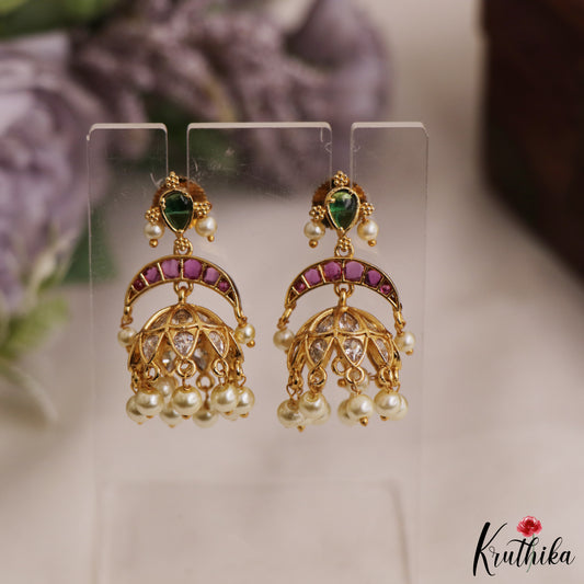 Elegant Teardrop Motifs Jhumkas With Pearl Drops E1077