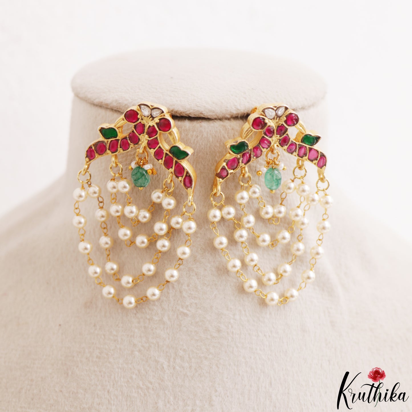 Pretty Peacock Motifs Multi Pearl Strand Jadau Earrings E1217