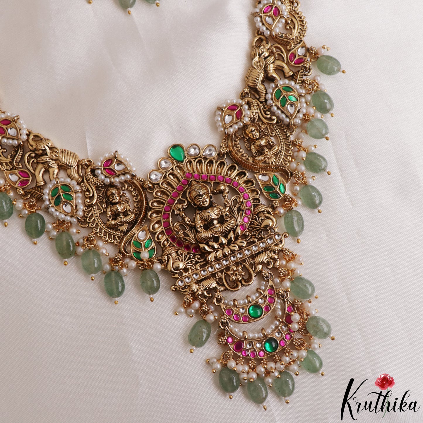 Premium Antique Nagas Lakshmi Elephant Motifs Jadau Haaram With Green Bead Drops LH2163