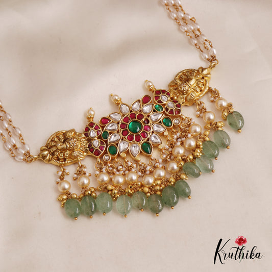 Gorgeous Floral Peacock Jadau Choker with Triple Strand Pearl Chain NC2571