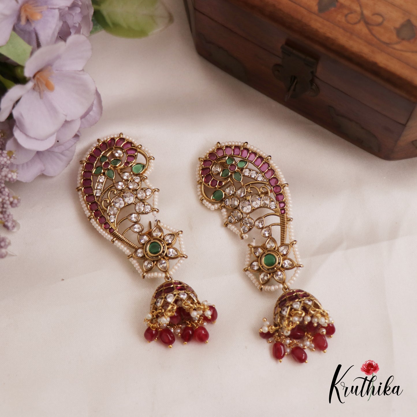 Sparkling Pearl Border Floral Motifs Kemp Jhumka Ear Cuff With Green Bead Drops E972 (Available in 2 Colors)