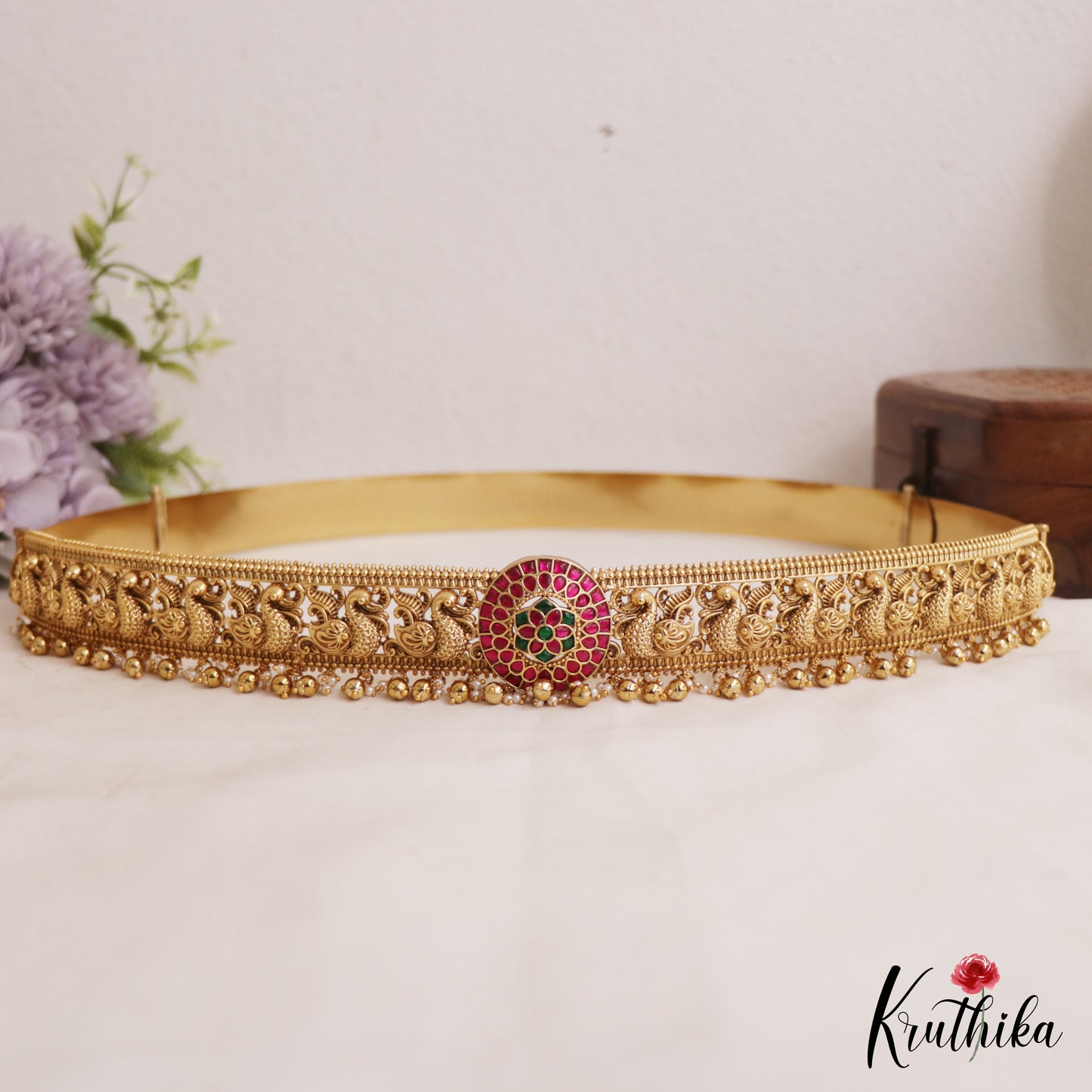 Premium Antique Floral Peacock Motifs Jadau Hip Belt With Bead Drops V356 (Available In 4 Colors)