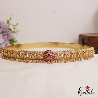 Premium Antique Floral Peacock Motifs Jadau Hip Belt With Bead Drops V356 (Available In 4 Colors)