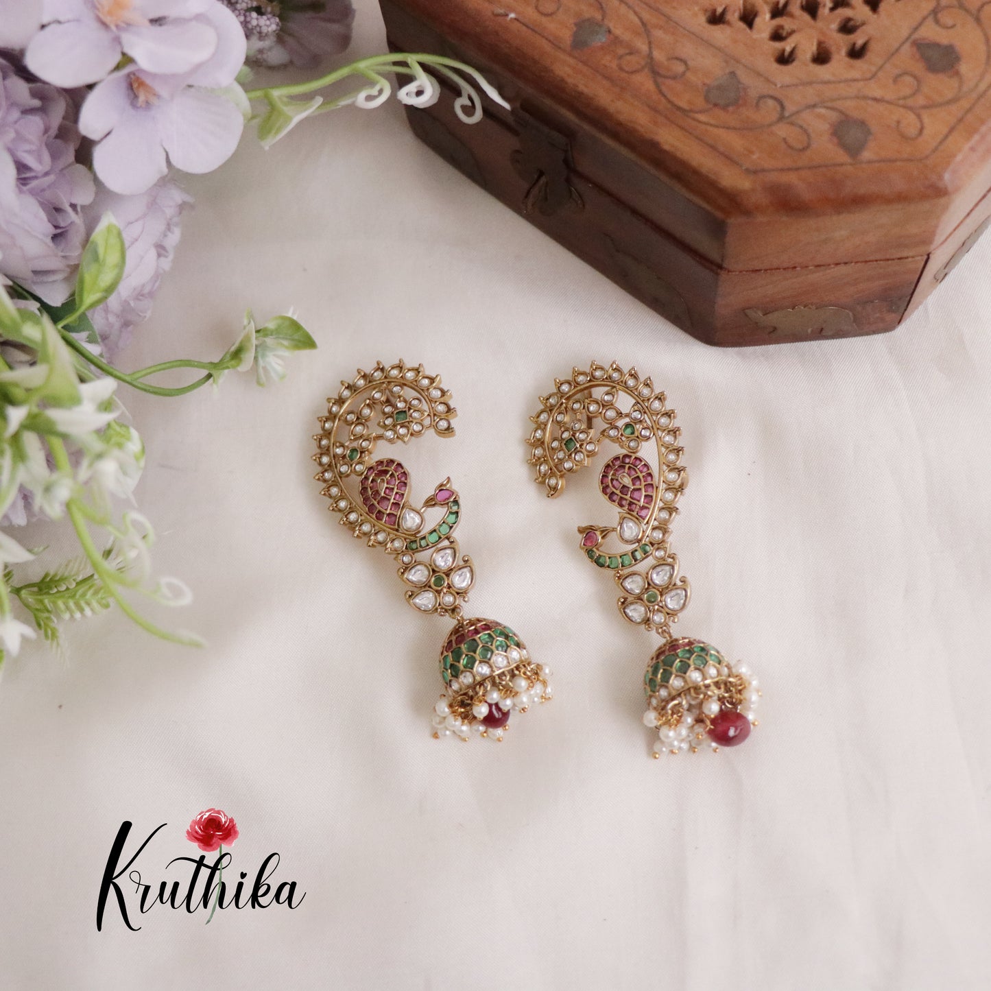 Beautiful Kemp Mayura Earcuff with Jhumkas E468 (Available in 2 Colours)