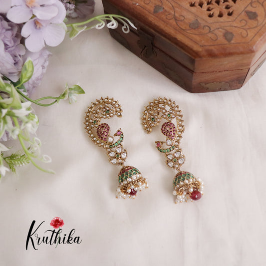 Beautiful Kemp Mayura Earcuff with Jhumkas E468 (Available in 2 Colours)