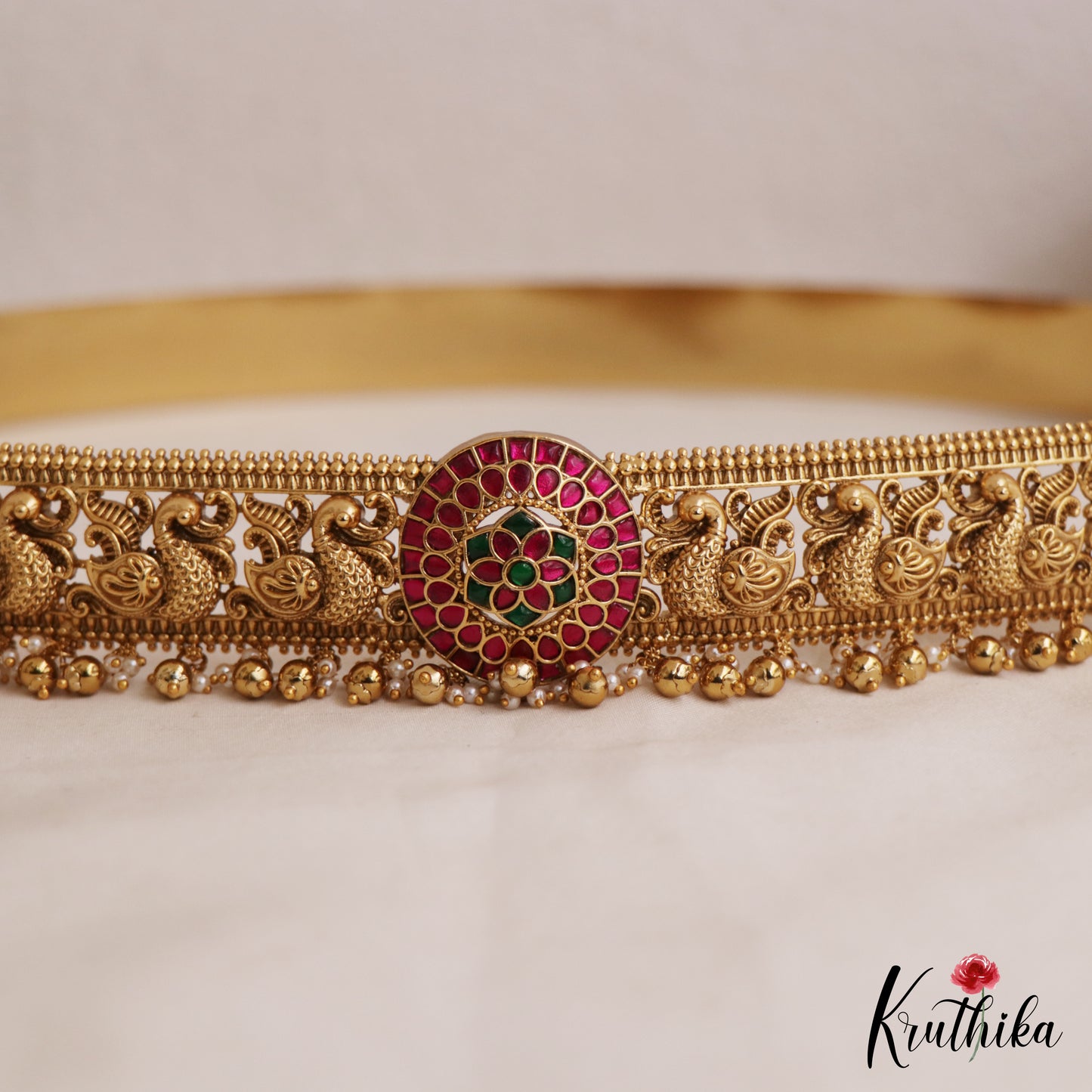 Premium Antique Floral Peacock Motifs Jadau Hip Belt With Bead Drops V356 (Available In 4 Colors)
