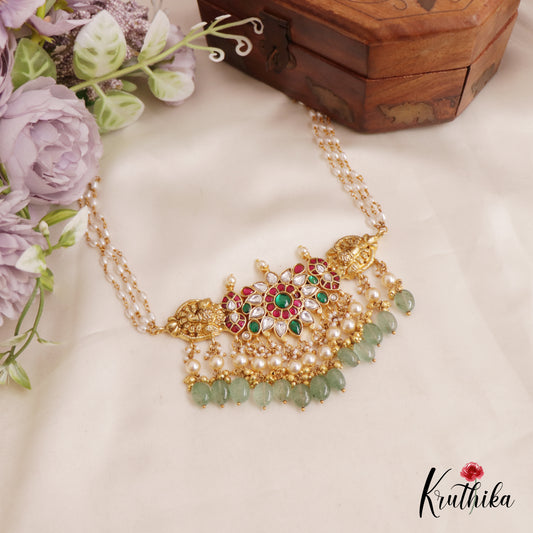 Gorgeous Floral Peacock Jadau Choker with Triple Strand Pearl Chain NC2571