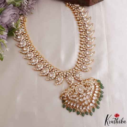 Royal Mango Peacock Motifs Jadau Haaram With Green Bead Drops LH2142