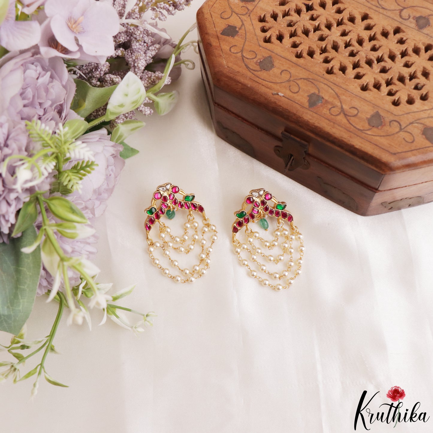 Pretty Peacock Motifs Multi Pearl Strand Jadau Earrings E1217