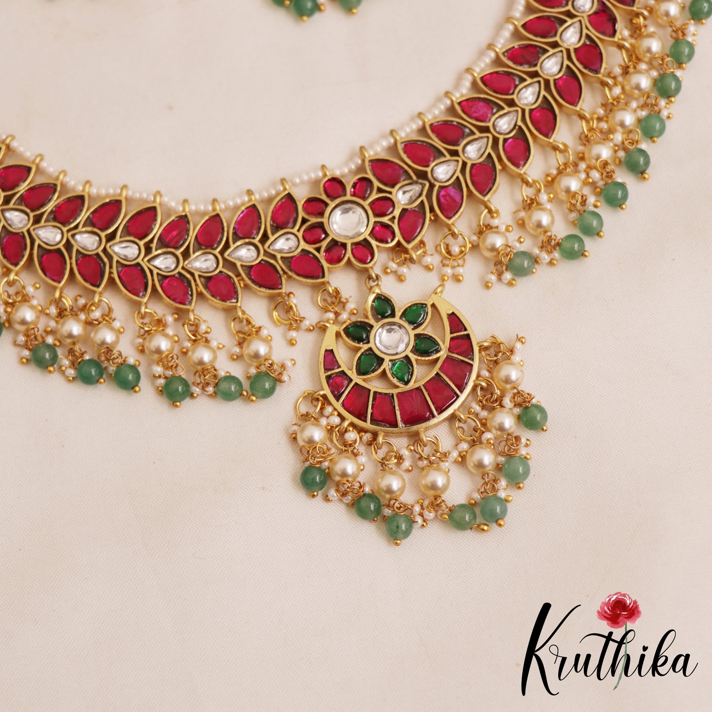 Premium Floral Leaf Motifs Jadau Choker With Green Bead Drops NC2895