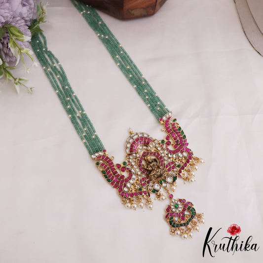 Premium Lakshmi Peacock Motifs Multi Strands Green Beaded Jadau Haaram LH2050
