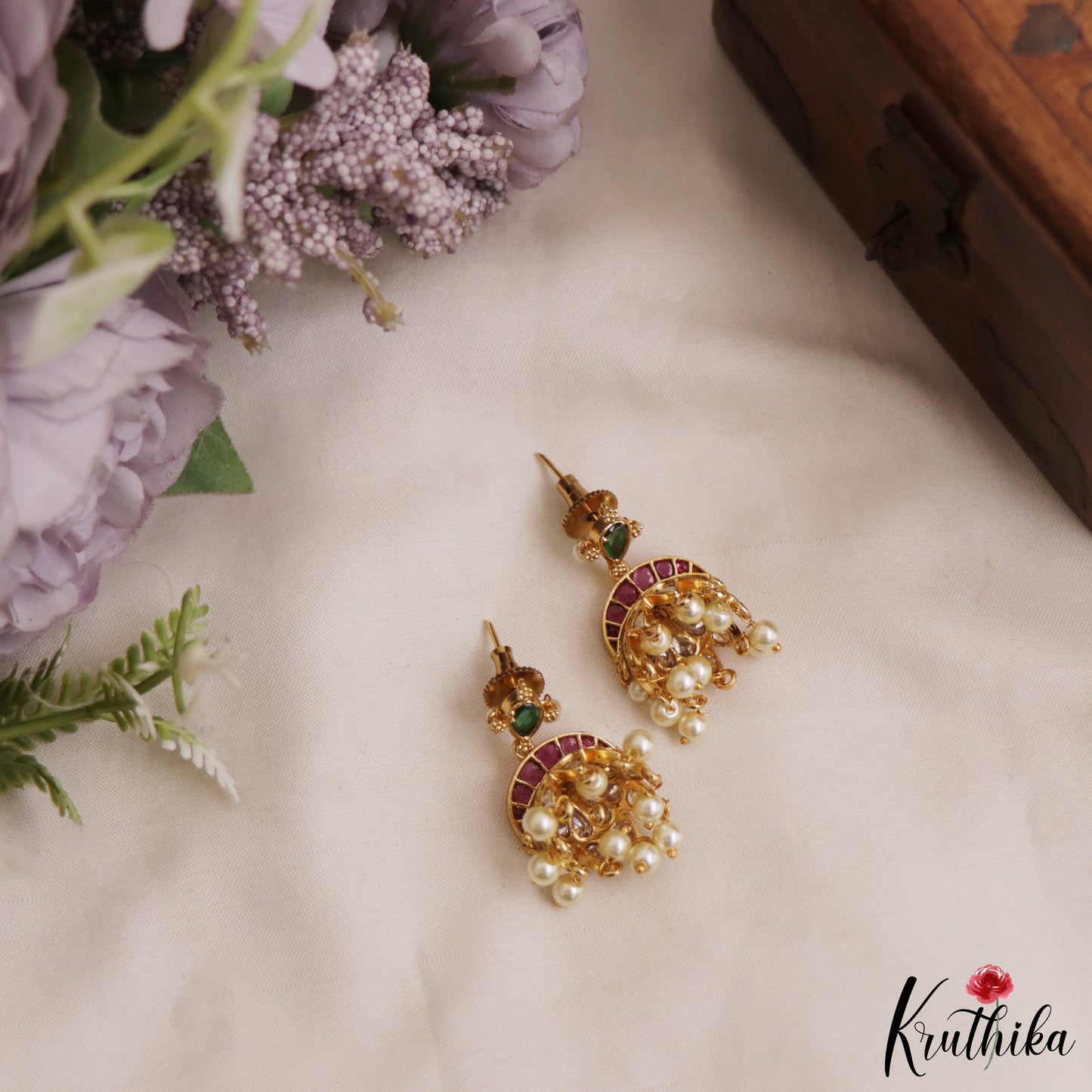 Elegant Teardrop Motifs Jhumkas With Pearl Drops E1077