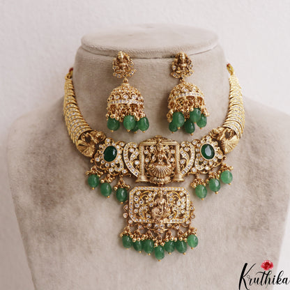 Stunning Antique Lakshmi Floral Motifs Necklace With Bead Drops NC2940 (Available In 2 Colors)