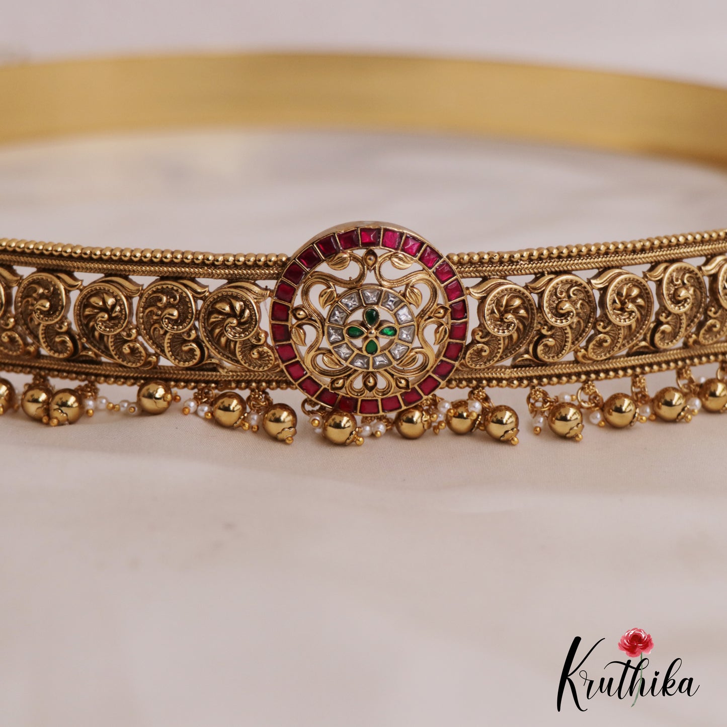 Beautiful Mango Floral Kemp Motifs Hip Belt With Golden Bead Drops V339 (Available In 2 Colors)