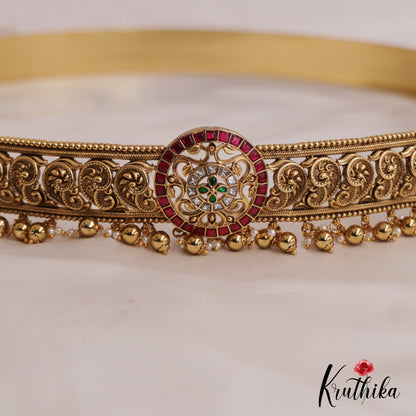 Beautiful Mango Floral Kemp Motifs Hip Belt With Golden Bead Drops V339 (Available In 2 Colors)