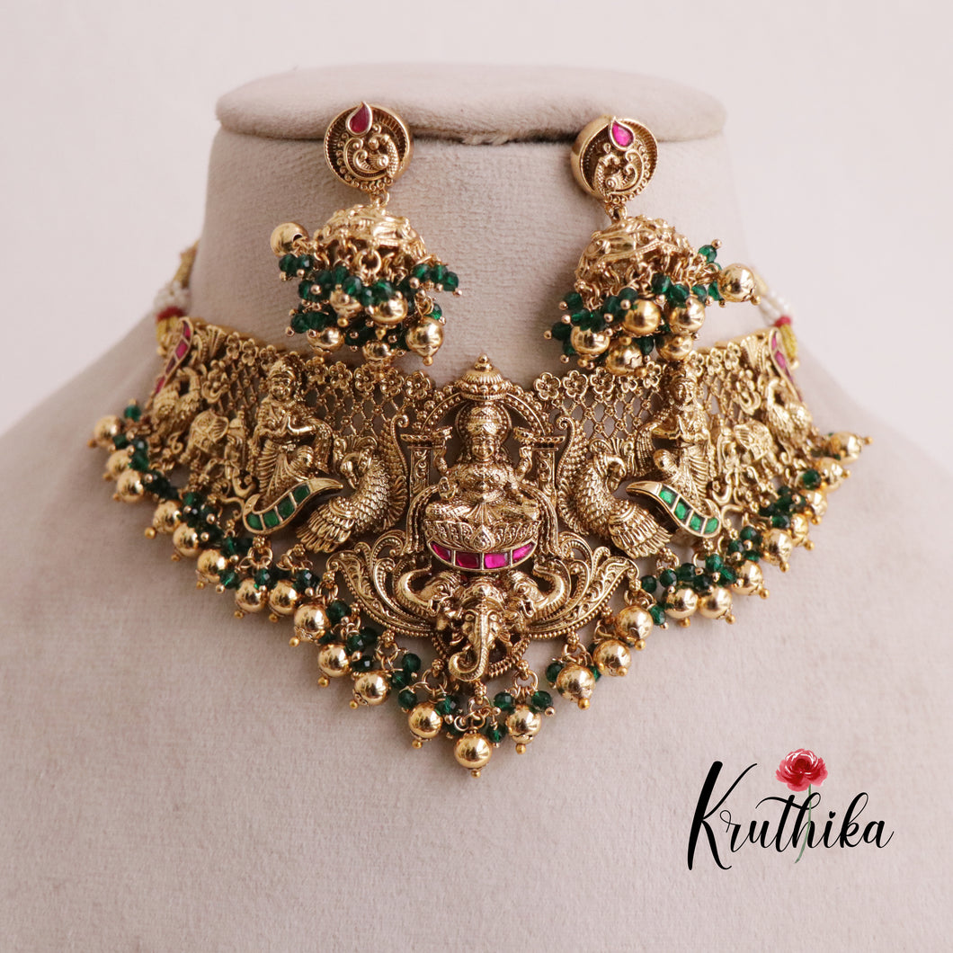 Elegant Jadau Nakshi Temple choker with Peacock Design - NC1916