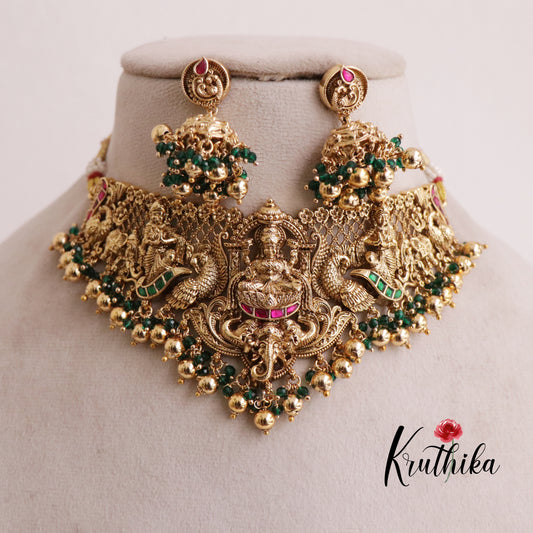 Elegant Jadau Nakshi Temple choker with Peacock Design - NC1916